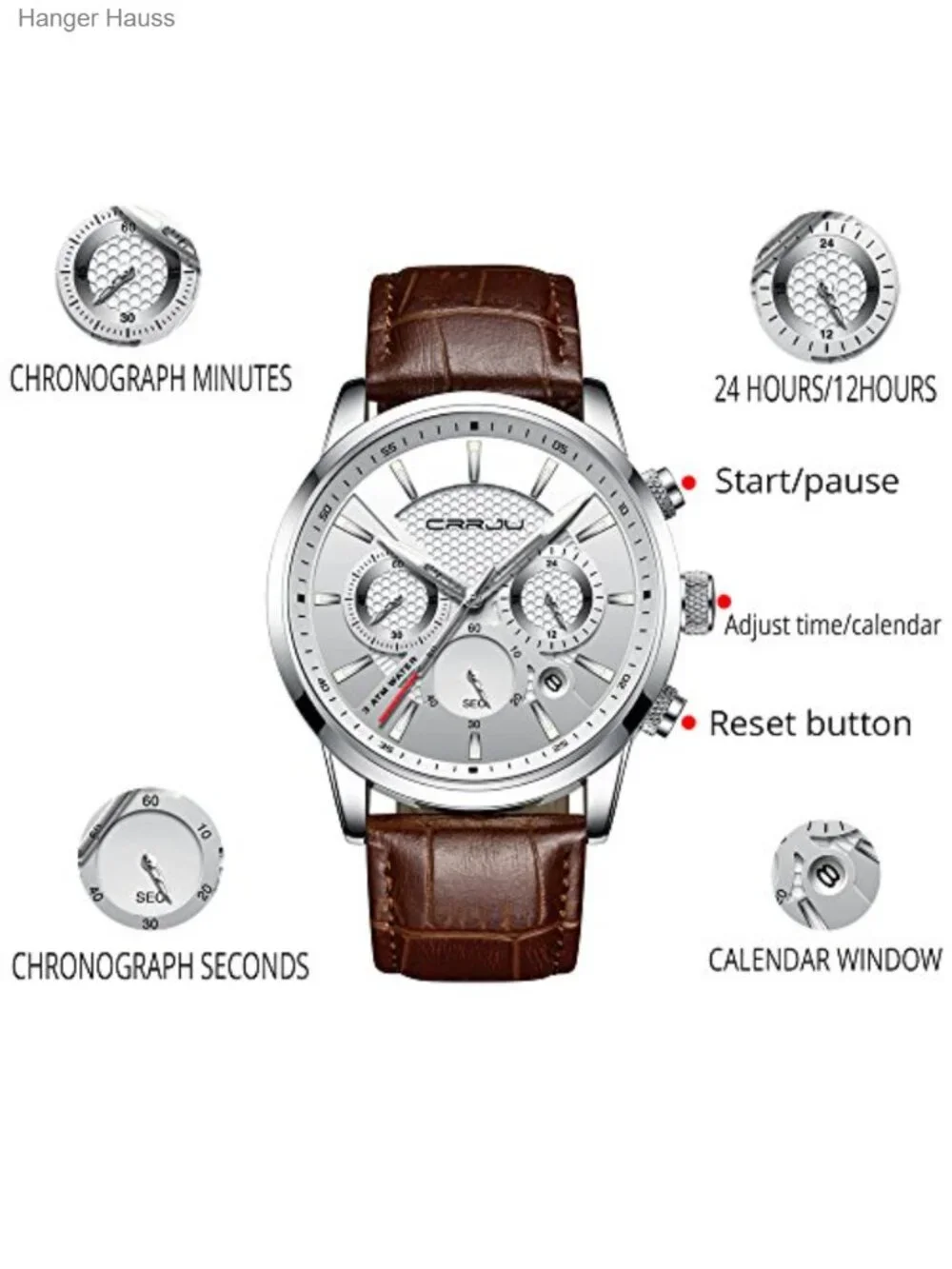 Men's Business Casual Chronograph Quartz Watch with Leather Strap